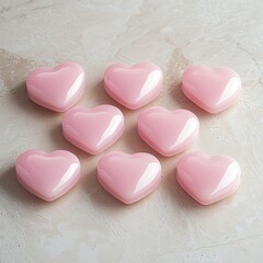 Fototapeta premium pastel pink hearts in minimalistic scene Five pink heart-shaped decorations on a surface Cute pink heart-shaped candies on a surface.