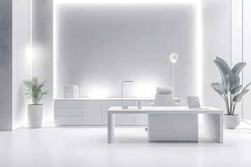 Fototapeta premium A minimalist illustration of a modern office in white and gray tones, featuring sleek furniture and subtle lighting, creating a serene and focused workspace ideal for productivity.