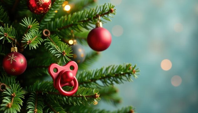 Christmas tree branches adorned with pacifier, branches, holiday