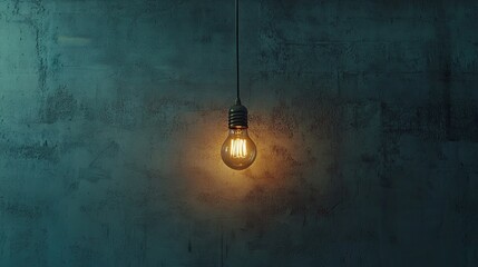 A vintage light bulb hanging from a ceiling, glowing warmly against a cool, grey background with copy space