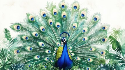 Fototapeta premium Peacock displaying feathers, tropical foliage, watercolor art, print design
