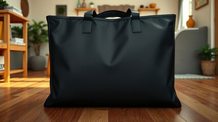Big black bag empty and placed on the floor in a domestic setting, loneliness, void