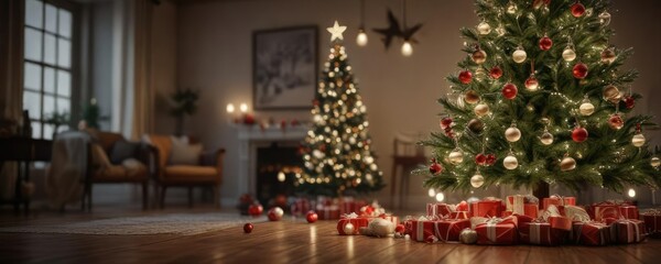 Christmas tree with sparkling lights and ornaments, sparkling tree lights, festive holiday decor, decorative ornaments
