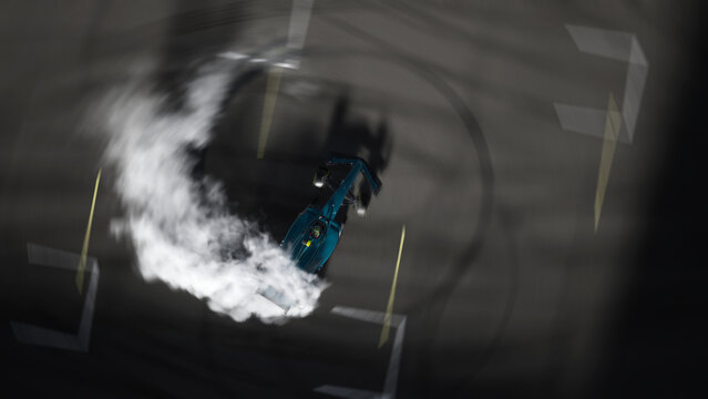 A racing car performs celebratory donuts after a victory, creating smoke trails on the asphalt under dim lights. A dynamic motorsport celebration moment