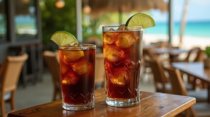Refreshing rum and cola served beachside in Barbados with ice and lime