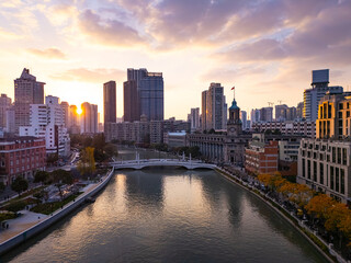 Obraz premium Aerial View of Shanghai skyline at sunset