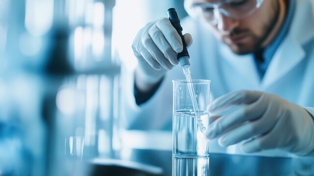 Scientists analyze drinking water samples for microplastic contamination using pipettes and glassware. Environmental research, clean water testing, and pollution impact study in a modern lab setting.