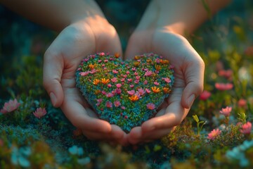 On World Down Syndrome Day, hands holding heart filled with colorful flowers symbolize love, acceptance, and unity in diversity. Celebrate with joy!