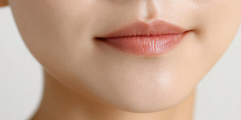 Obraz premium Close-up of Woman's Lips and Chin with Nude Lipstick