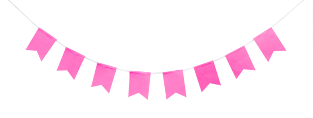 pink party flag hanging against isolated background. birthday party, anniversary, new year, christmas party celebration decoration