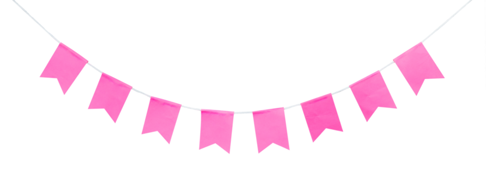 pink party flag hanging against isolated background. birthday party, anniversary, new year, christmas party celebration decoration