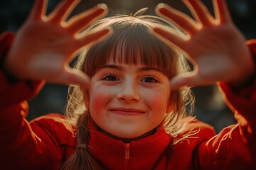 A joyful girl smiles widely, showcasing her hands in a circle. This imagery celebrates World Down Syndrome Day with warmth and inclusivity.