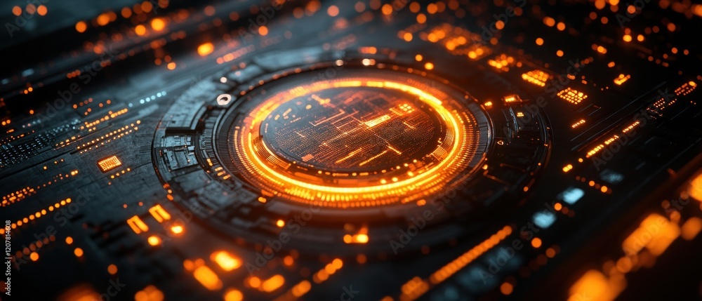 Poster futuristic digital circuit board with glowing orange elements and intricate patterns
