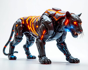 A detailed robotic panther stands in a poised position, showcasing sleek metallic features and glowing accents. The panther's design blends technology with fierce aesthetics, capturing attention.