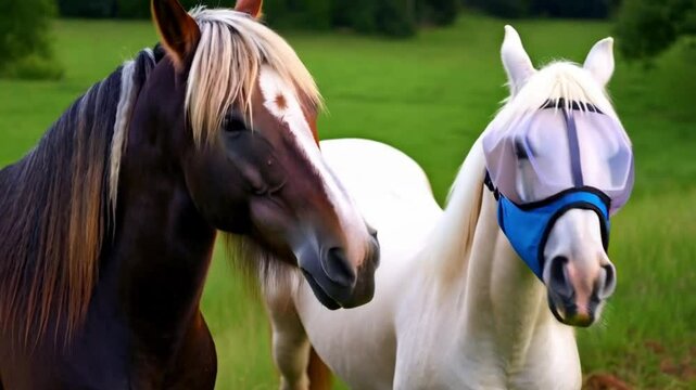 Two horses, one Haflinger horse with white mane and protective face fly mask, grooming each other, slow motion vertical video