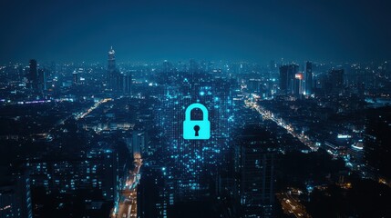 A padlock symbol overlays a cityscape, representing cybersecurity with a focus on digital protection and secure interfaces within an urban environment.