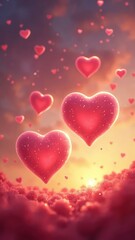 Heart-shaped bubbles floating in a vivid sunset sky, A Valentine's Day card, Love is in the air