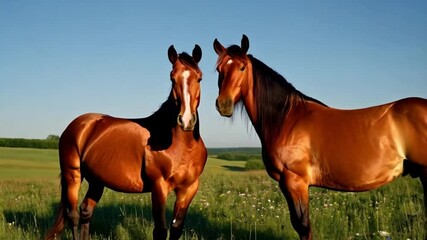 Two brown and chestnut Oldenburger horses grazing together in a meadow on a pasture in the rural countryside, field and clear blue sky in the background, vertical video - Powered by Adobe