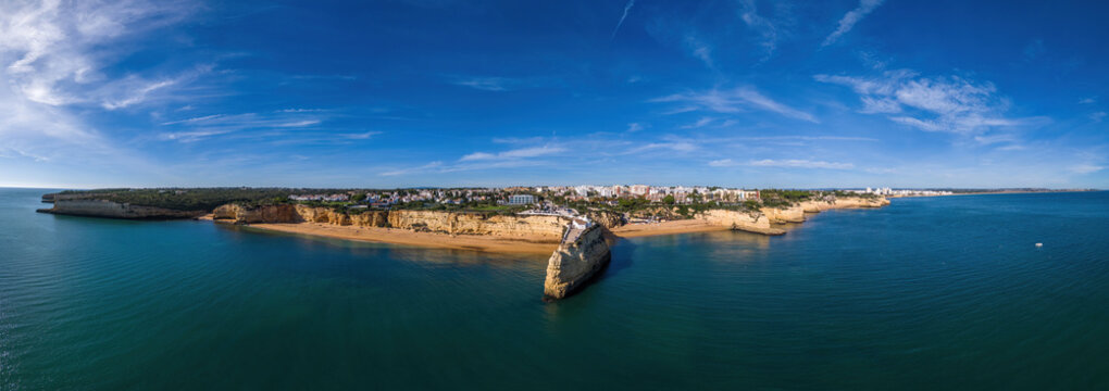 Aerial drone panoramic view of Fort of Nossa Senhora da Rocha (Fort of Our Lady of the Rock) (Castle of Porches), Porches, Lagoa, Algarve, Portugal