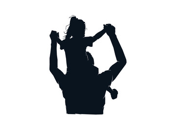 Child sits on father's shoulders, silhouette black and white vector illustration