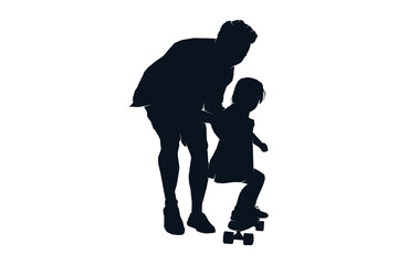 Father dad teaches child daughter playing skateboard, silhouette black and white vector illustration
