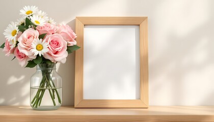 Pink Roses and Daisies with Blank Frame Mockup