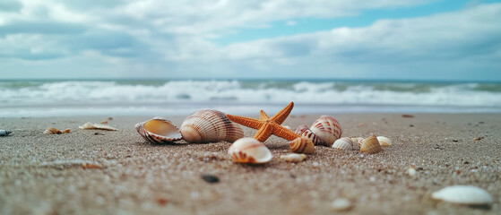 Seashells and starfish scattered on sandy beach with ocean waves. serene coastal scene evokes sense of tranquility and connection to nature