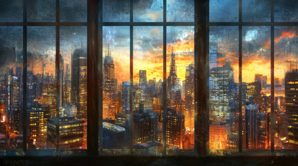 Painting drawing City window views urban window views scenery landscape interior inspiration backdrop wallpaper