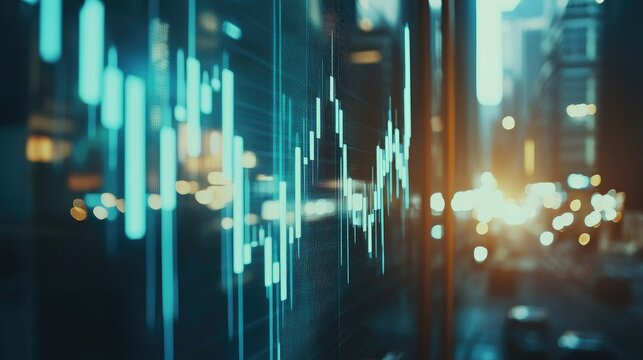 Stock market bar chart letting see a modern city business center in background representing finance investment and trading concept