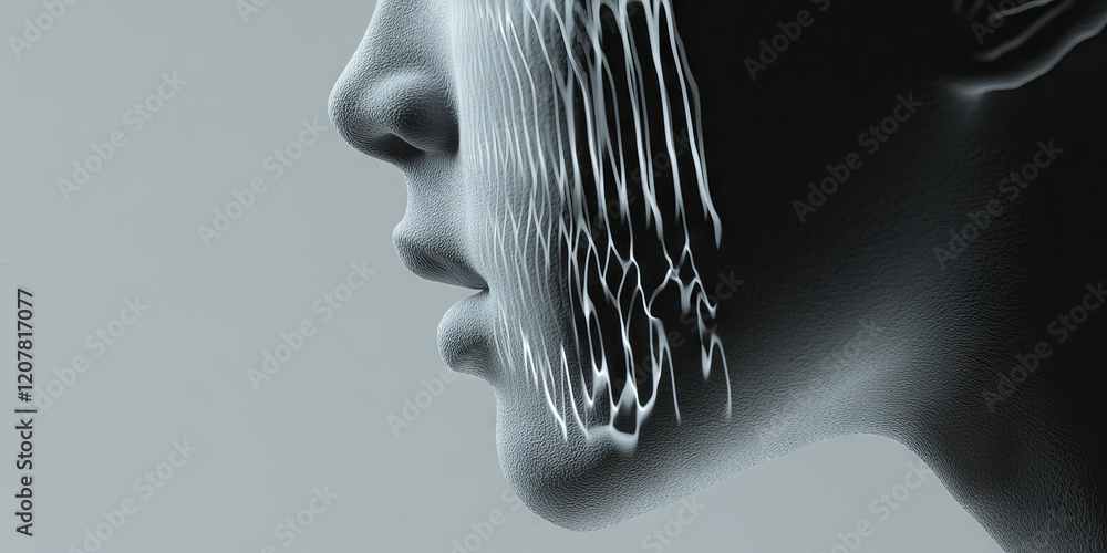 Poster grayscale render of a profile face with translucent overlay