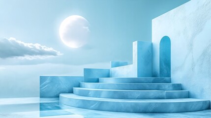 Abstract surreal landscape of blue steps leading up to an arched doorway under a full moon.