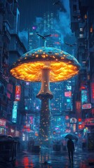 Obraz premium Glowing Mushroom in Futuristic City at Rainy Night with Neon Lights and Architecture A captivating digital showcasing a surreal