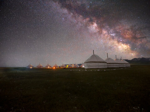 A row of white yurts illuminated by the Milky Way, stretching across the night sky, Song Kol Lake area, Kyrgyzstan