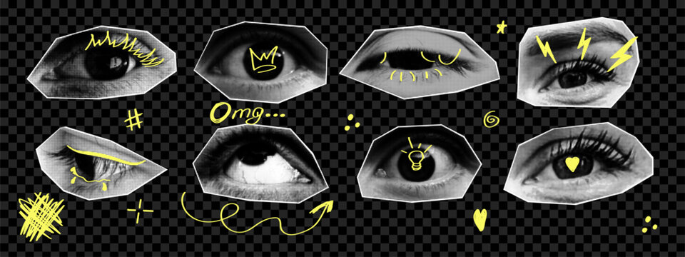 Set of halftone eyes with doodle elements. y2k collage design. Modern vector illustration.