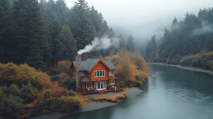 A warm wooden cabin with smoke rising from the chimney, nestled by a misty lake in a dense green forest, offering a tranquil digital detox retreat.