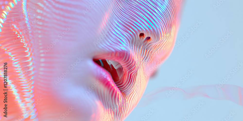 Poster digital rendering of face with iridescent lines and pink lips