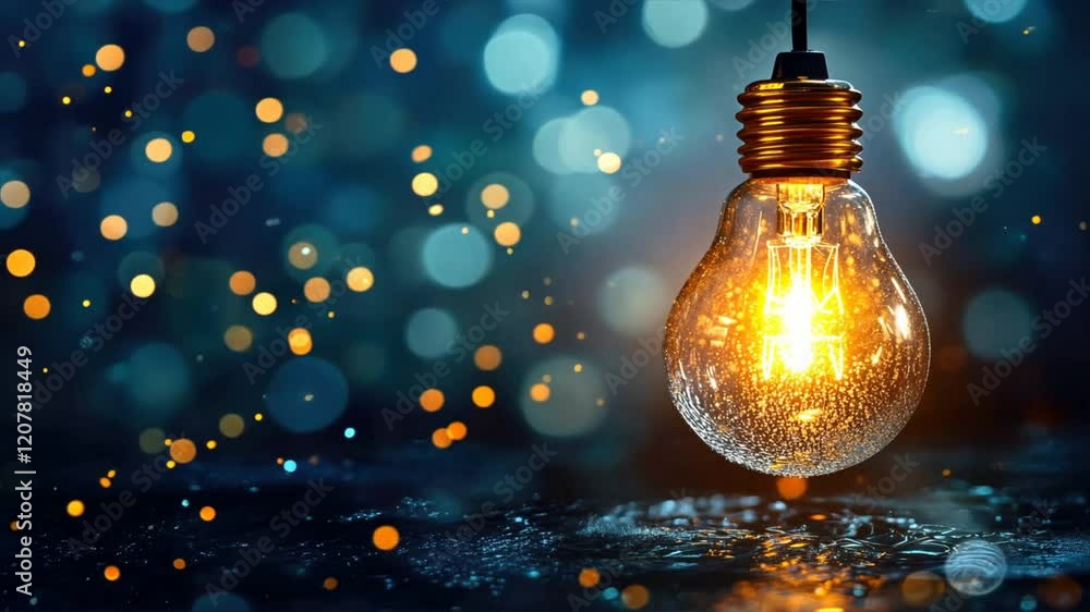 Poster elegant glow of light bulb surrounded by colorful bokeh droplets, creating warm and inviting atmosph