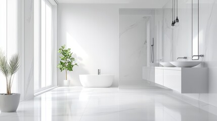 Fototapeta premium A pristine white bathroom featuring a double sink, emphasizing clean lines and a modern design.