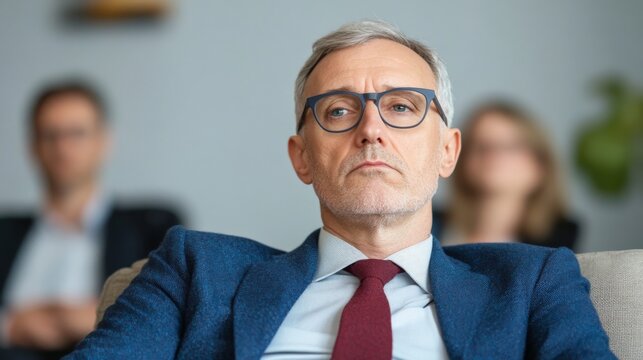 Awaiting the Decision: A seasoned business leader, with a stoic expression, sits with a resolute look,  amidst a blurry background of colleagues.
