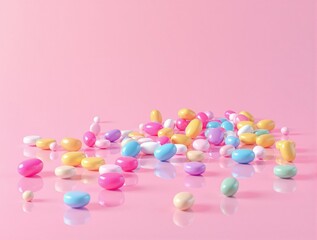 Brightly colored bubble gum pills on pink surface, medical prescription, pharmaceutical overdose, medicinal capsules, medical concept