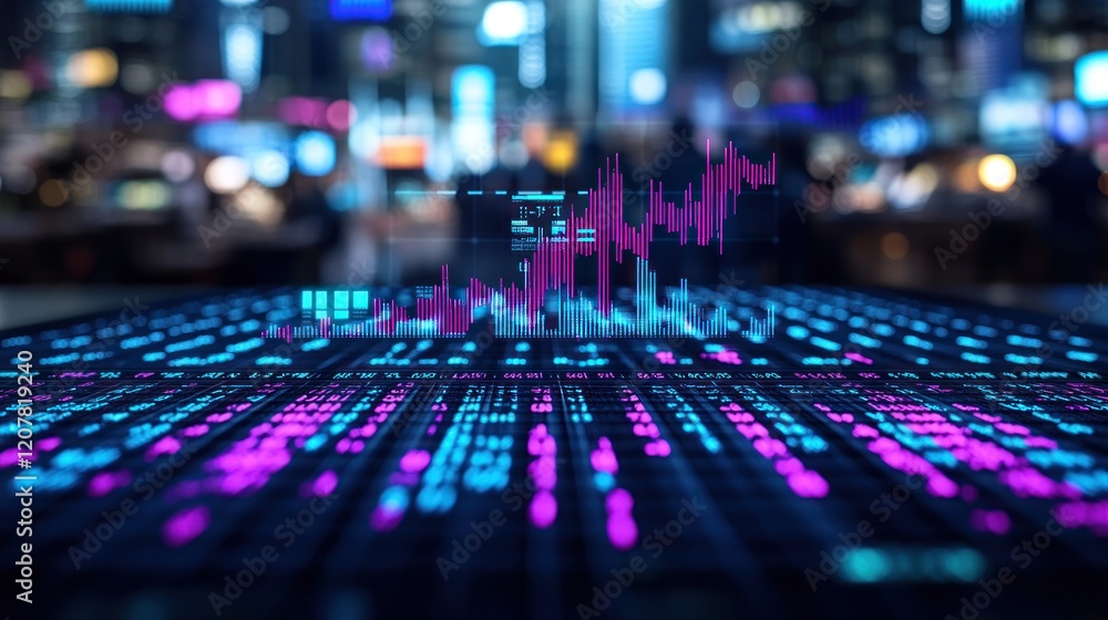 Poster futuristic data visualization on a digital screen with city lights in the background