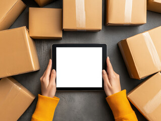 High angle view of woman holding tablet surrounded by cardboard boxes, showcasing online shopping and delivery excitement. scene captures essence of e commerce