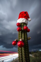Christmas cactus with Santa hat and ornaments under stormy sky.