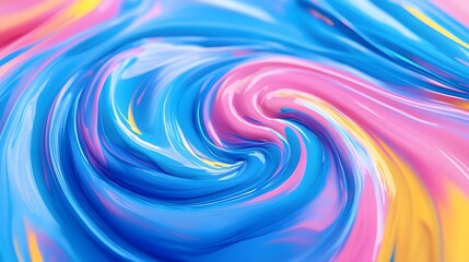 Obraz premium A vibrant close-up of swirling blue, pink, and yellow paint blending fluidly, creating dynamic gradients as the colors mix in a mesmerizing motion.