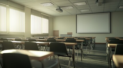 Empty Classroom, Sunlit Lecture Hall, Ready for Students