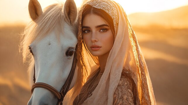 A young woman with fair skin and brown hair stands next to a white horse in a desert landscape at sunset.