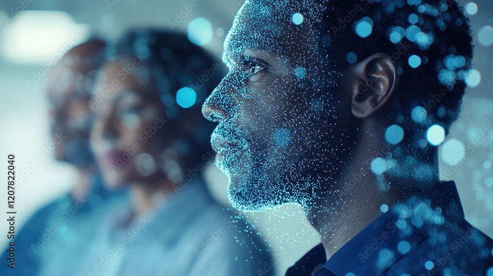 Poster digital data stream flowing around businessman's face, symbolizing data analysis and futuristic tech