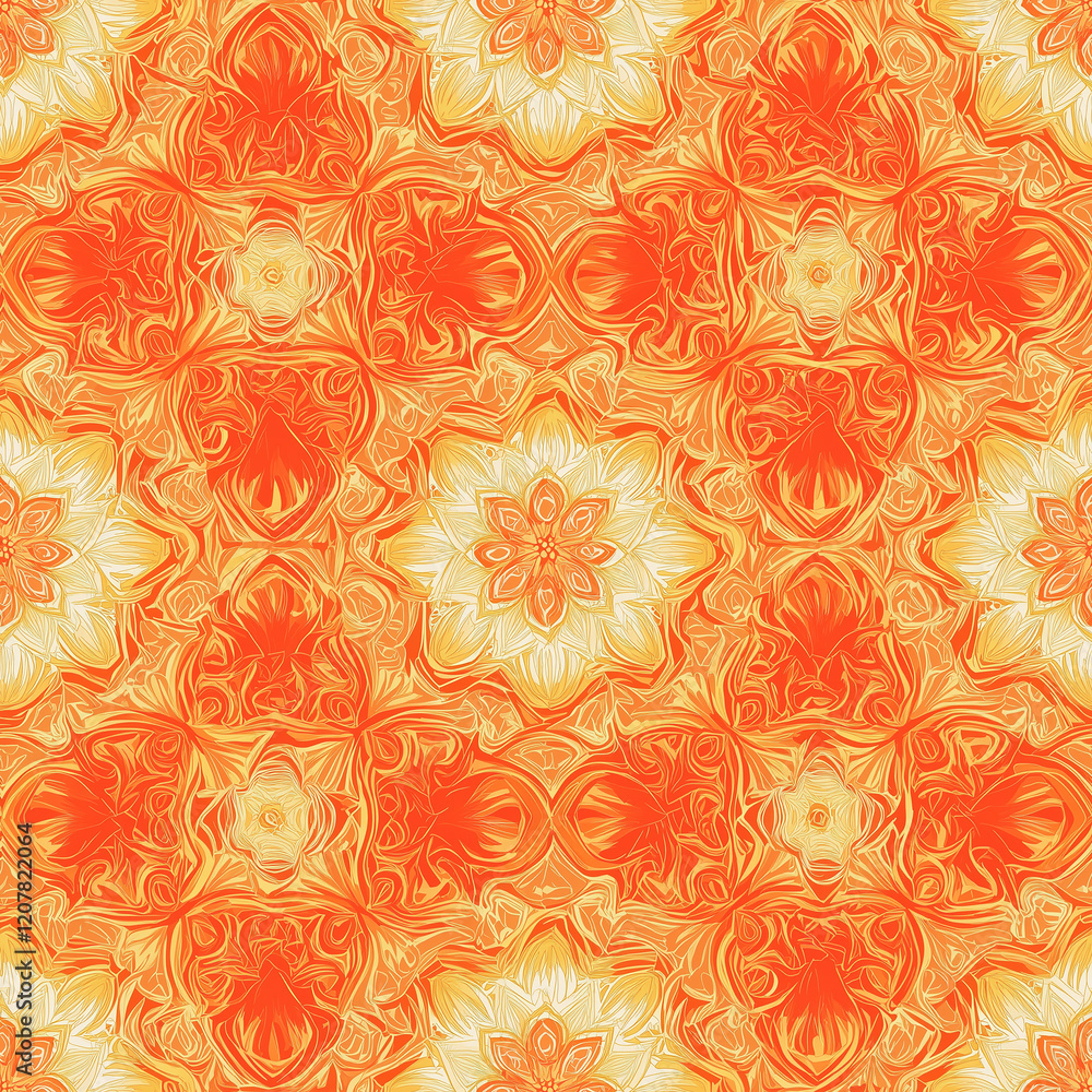 Poster mandala seamless patterns vibrant orange and yellow abstract pattern with intricate designs, creatin