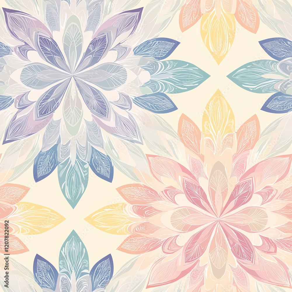 Poster mandala seamless patterns floral pattern with pastel colors in a symmetrical design, featuring intri