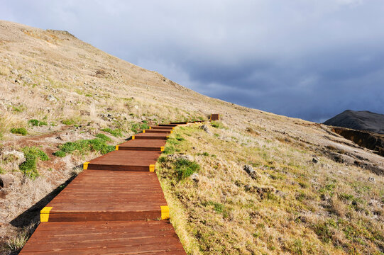 Sidestepping path on the Sao Lourenco peninsula, Madeira island, Atlantic Ocean, Portugal